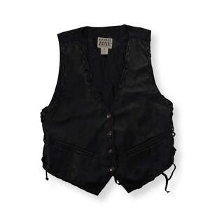 Neutral Zone Western Vest Women M Black VTG Faux‎ Vegan Leather Whipstitch Lace